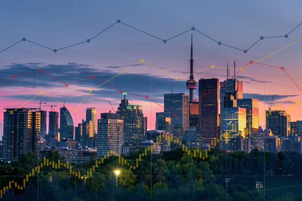 Toronto skyline overlaid with graphs