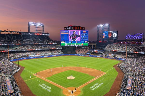 Citi Field, the home of the New York Mets, in the evening
