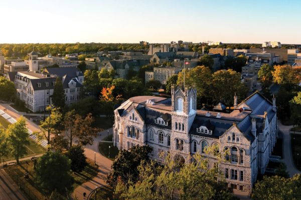 Aerial view of Queen's University featuring its distinctive buildings and vibrant campus atmosphere.