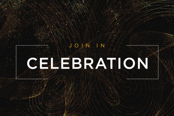 Text on image "Join in celebration", against a black and gold background