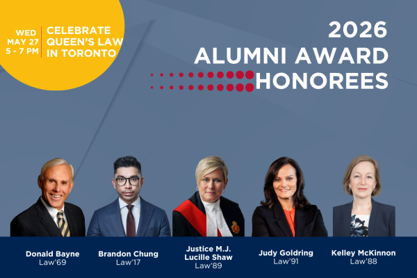 Banner of the the 2026 Alumni Awards recipients, Queen's Law 2026