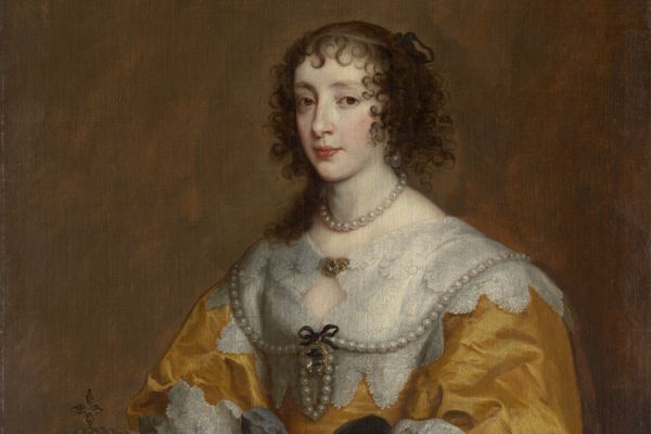 Oil painting of a 17th century woman cupping her belly, by Anthony van Dyck, title of painting "Queen Henrietta Maria" (detail), 1636, oil on canvas.