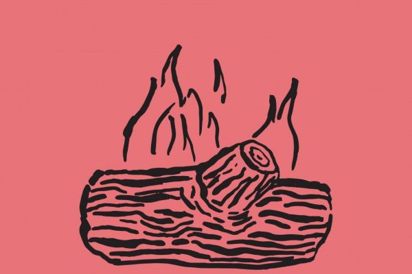 Line art of log with flame in a pink background, by Chantal Rousseau