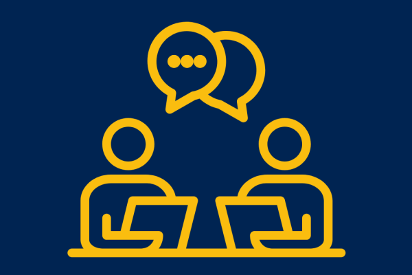 cartoon of two people at computers with thought bubbles