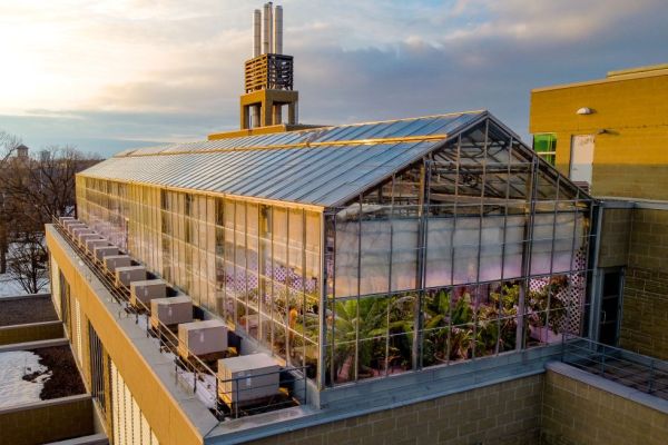 Aerial shot of the phytotron of the roof of the Bioscience complex 