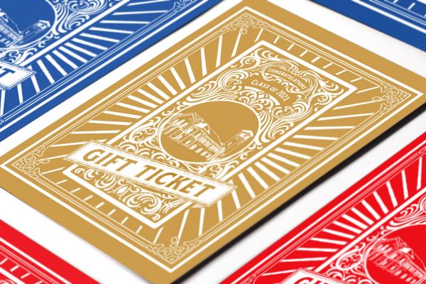 From left to right: blue "gift ticket", gold "gift ticket", and red "gift ticket"