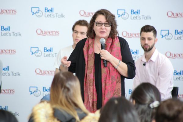 Queen’s professor Dr. Heather Stuart (centre) speaks at a Bell Let's Talk event.