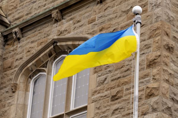 Ukrainian flag outside of the John Deutsch University Centre (JDUC)