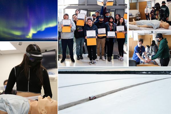 Collage of images including the Northern Lights, young students, and nurses being trained.