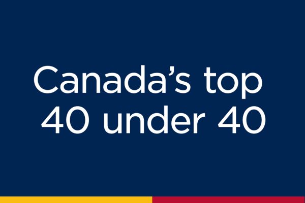 Blue banner that reads 'Canada's top 40 under 40' with a line yellow and red below.