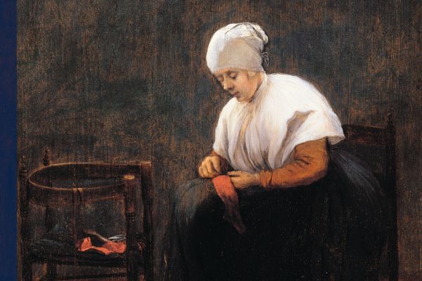 Painting gifted by Isabel Bader, 2021, of a woman darning a stocking