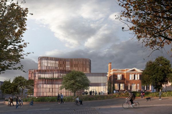 Rendering of the expanded Agnes Etherington Art Centre, integrating modern design with historic Etherington House.