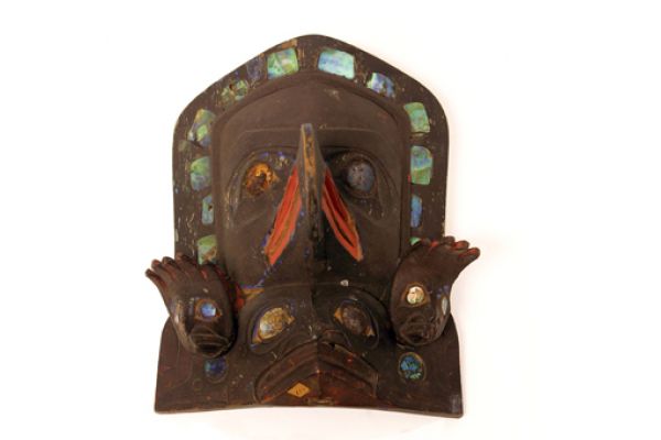 Indigenous frontlet mask made of wood, pain, abalone shell, metal and hide 