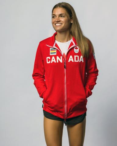 Julie-Anne Staehli in her Olympics sweater and shorts
