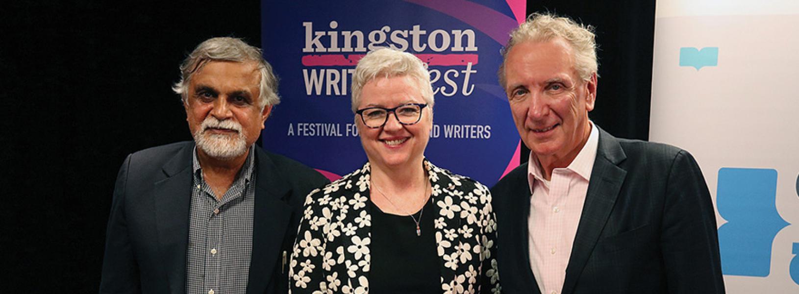 Barbara Bell, centre, with with writer M.G. Vassanji and past KWF chair Eric Friesen at a 2019 event.