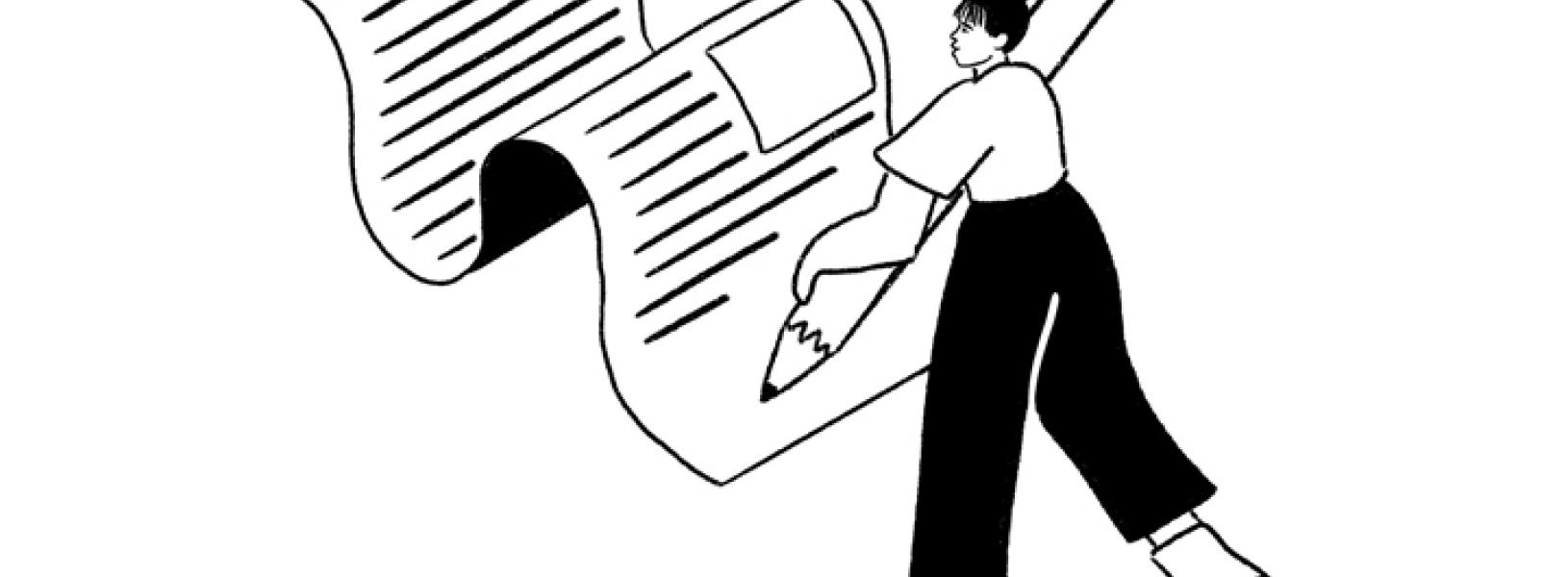 Illustration of a woman holding a large pencil writing a letter.