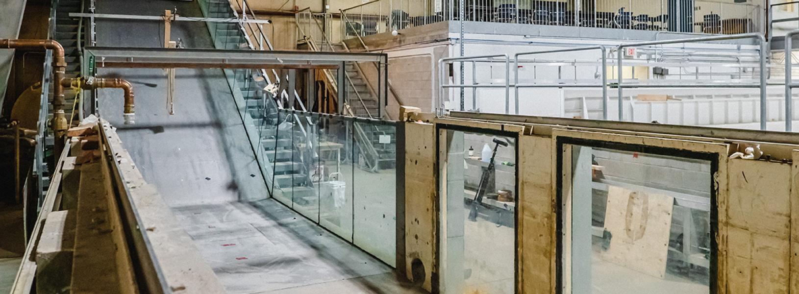 Photo of the flume from a bottom to top angle.