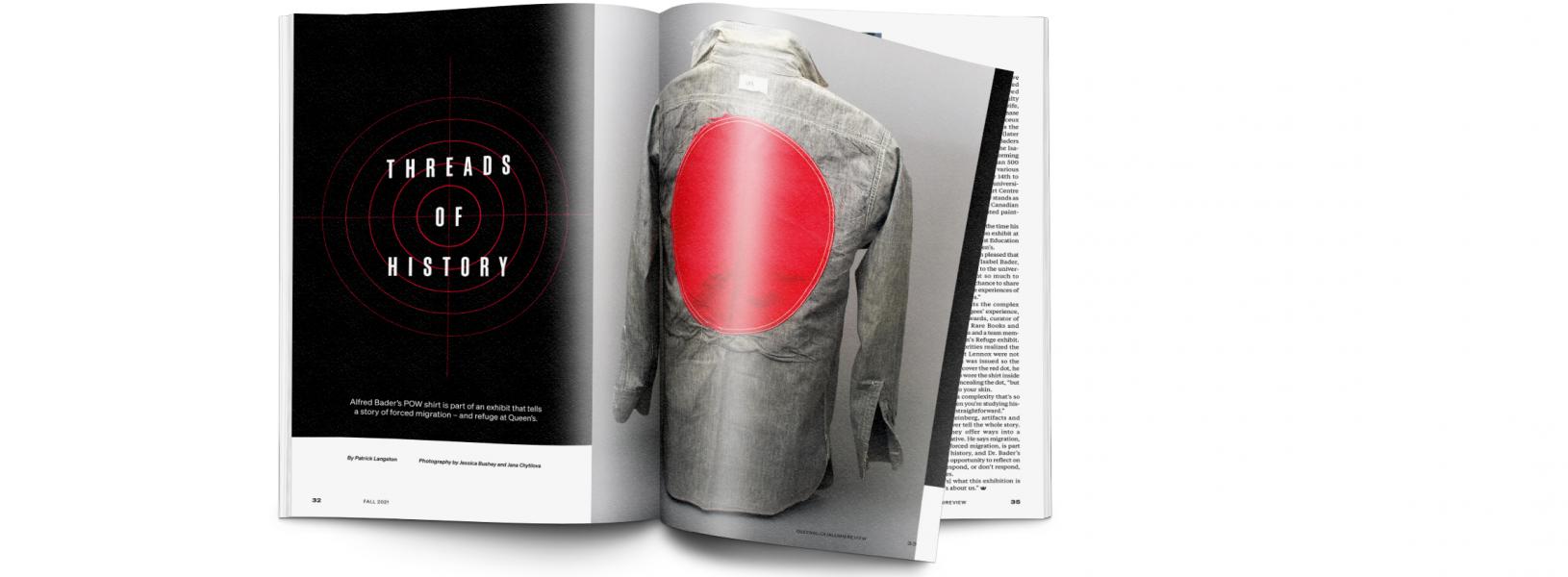 Magazine open to the Fall 2021 issue's article 'Threads of History.'