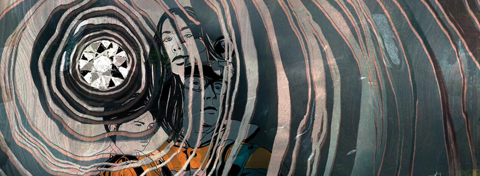 Concept illustration that combines a diamond, woman and child, a miner, and buildings that represent a community.