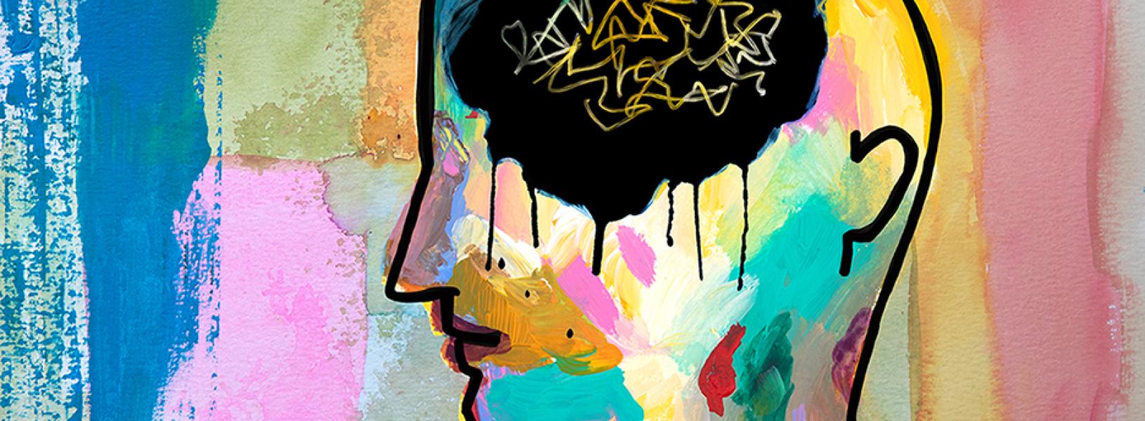 A line illustration of a human head. Inside the head is a black cloud with scribbles inside the cloud.