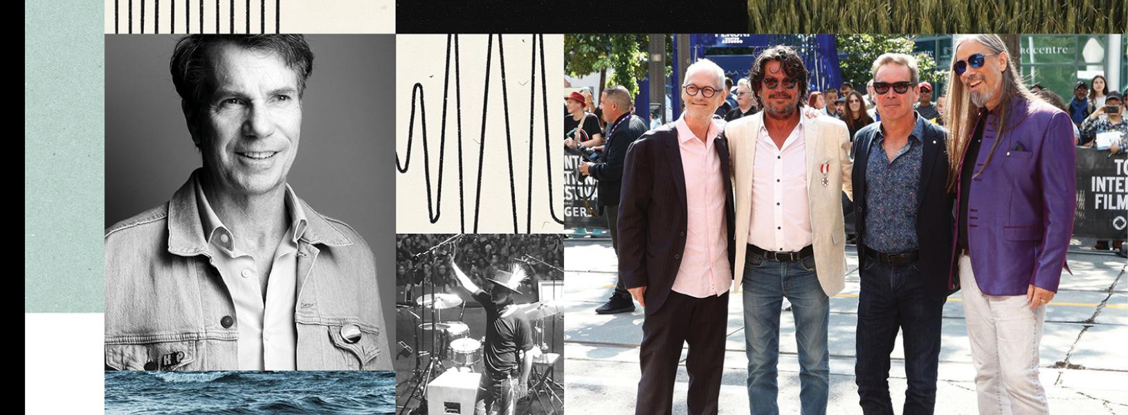 A photo collage that combines photos of Mike Downie, and the Tragically Hip band members.