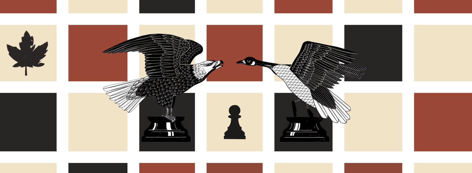 Illustration of a bald eagle and a Canada goose facing off atop chess pieces, set against a grid of red, black, and beige squares featuring maple leaves and chess pawns.