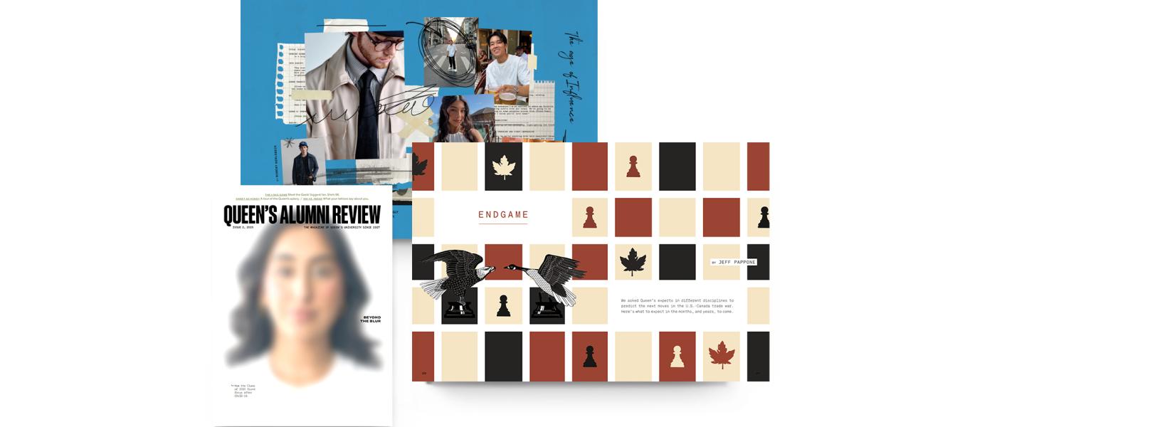 Queen’s Alumni Review magazine featuring a cover, editorial collage spread, and chess-themed feature layout on a gray background.