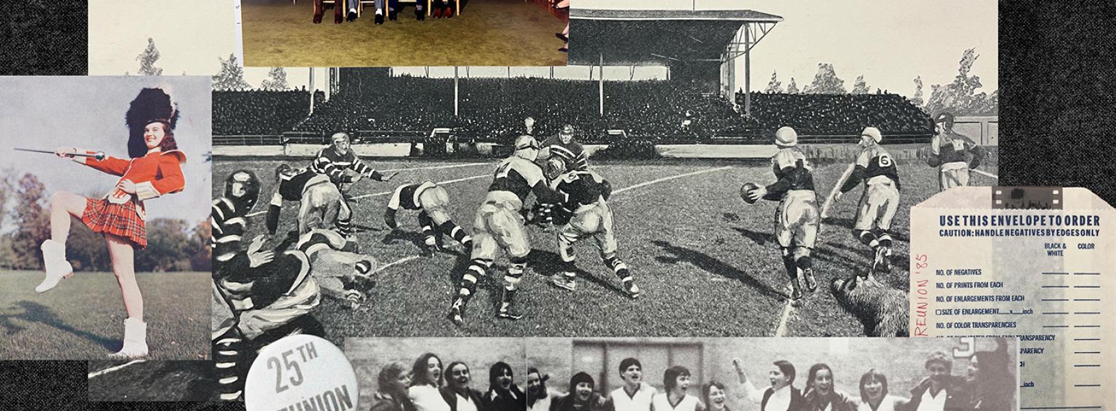 Collage of archival Homecoming and reunion images, including a football game, marching band member, alumni gatherings, and a 25th reunion button.