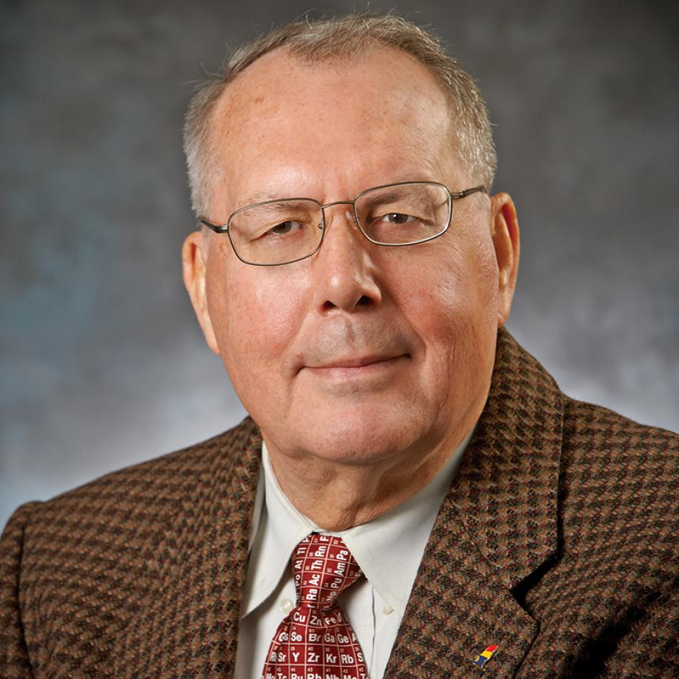 Formal portrait photo of Dr. Bert Wasmund wearing a brown pattern blazer and a red tie with a pattern made up of the periodic table.