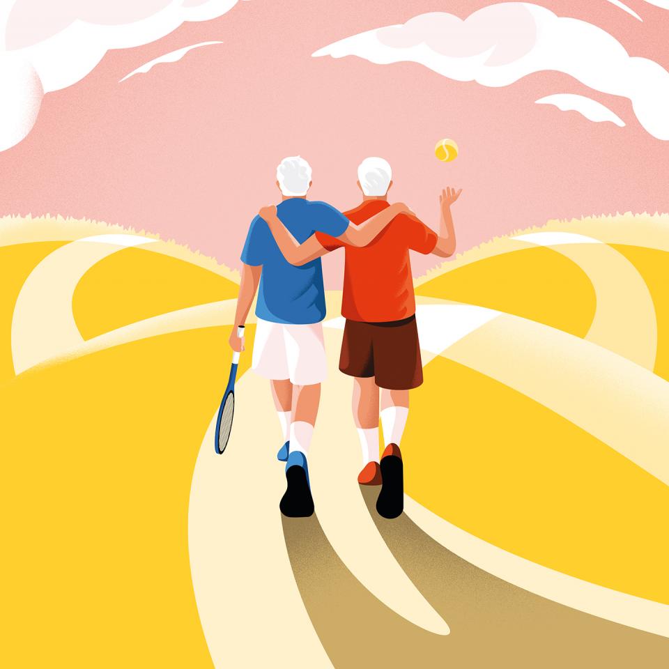 Illustration from behind of two friends walking. One holding a tennis racket and the other tossing a tennis ball in the air.