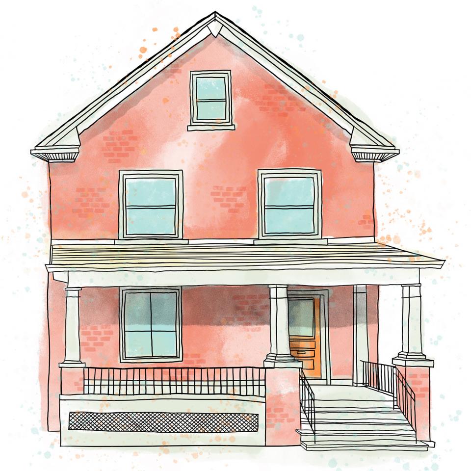 Illustration of 209 University Avenue – a two storey, red brick building, with covered porch.