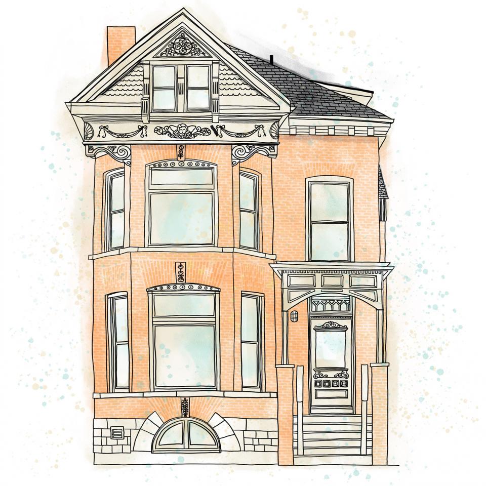 An illustration of a two-story, brick building with victorian plaster decorative embellishments on the top floor.. There is a staircase leading up to covered front porch. 