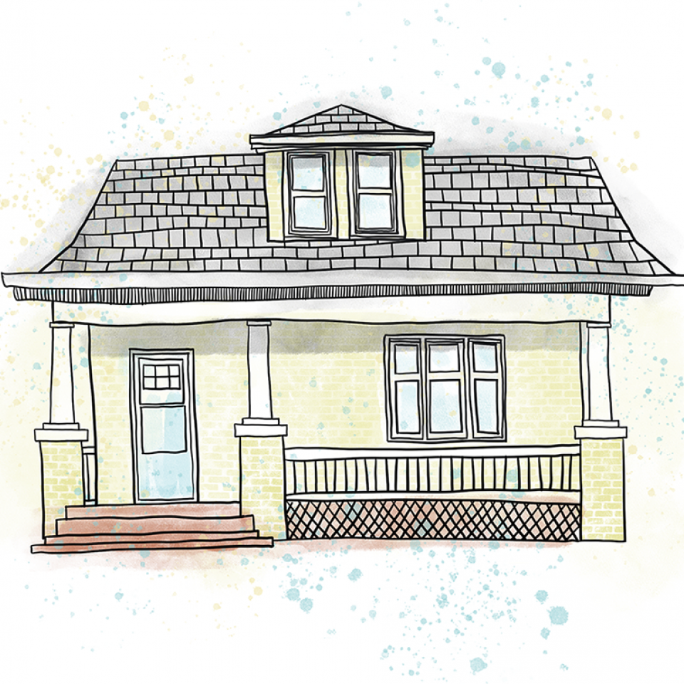 Illustration of a one-and-a-half story brick house, with a front porch and picture window.