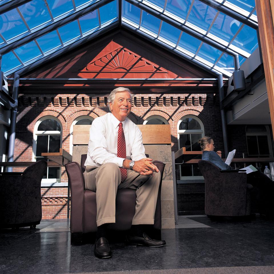 Mel Goodes sits under a skylight in Goodes Hall.