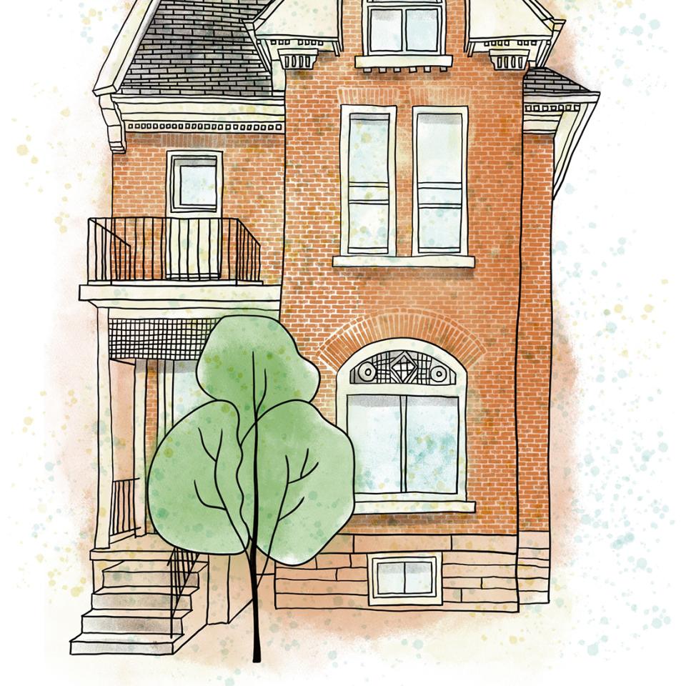 Illustrated front view of a three-storey red brick Victorian-style house with a small tree in front.