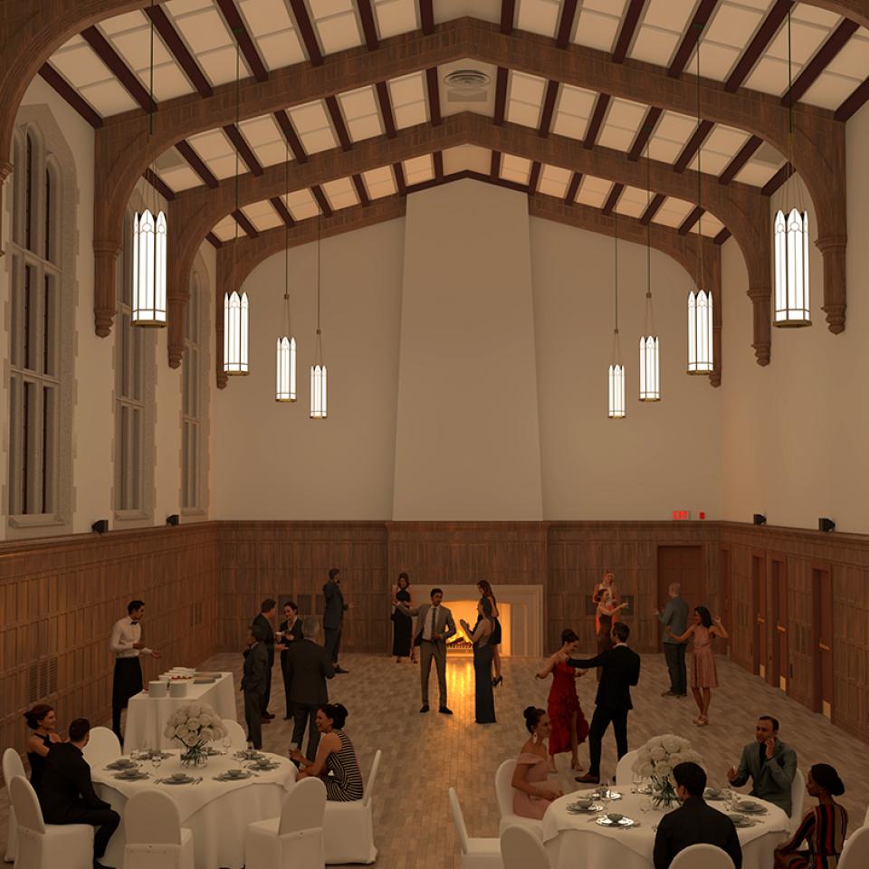 Wallace Hall with vaulted wooden ceilings, hanging lanterns, banquet tables, and guests socializing and dancing near a fireplace.