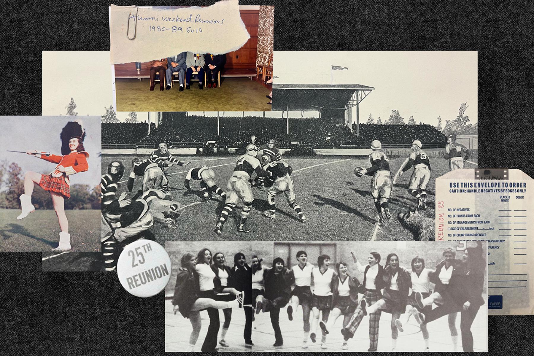 Collage of archival Homecoming and reunion images, including a football game, marching band member, alumni gatherings, and a 25th reunion button.