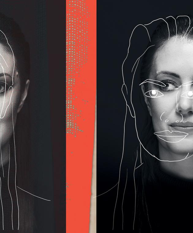 Three portraits of woman with a line drawing of her face overlaid on top of the photos.