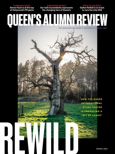 Magazine cover with a thick black border and image of a gnarly tree. Cover line reads: Rewild – How the Bader International Study Centre is embracing a “bit of chaos” 