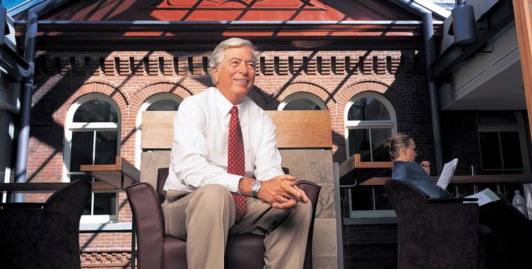 Mel Goodes sits under a skylight in Goodes Hall.