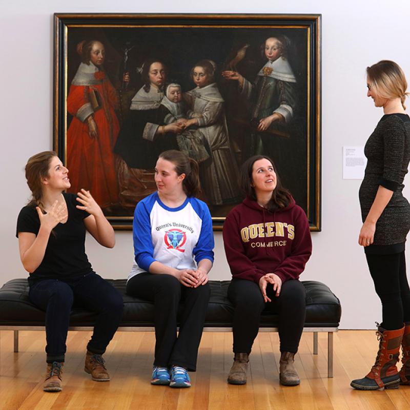 Tanis Worthy, Sc'16, Jennifer Williams, Artsci’16, and Heather Evans, Com’16, share their observations of Portrait of Five Sisters with Danielle Naumann.