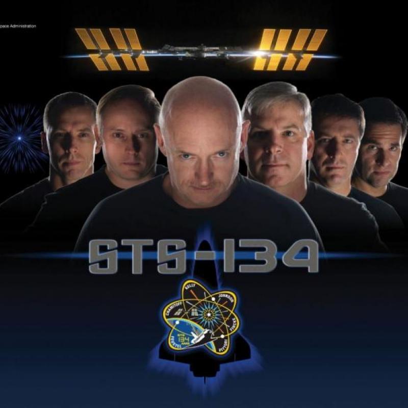 The official mission poster of STS-134 was based on a promotional poster for Star Trek. From left to right: Drew Feustel, Michael Fincke, Mark Kelly, Gregory Johnson, Roberto Vittori, Greg Chamitoff.