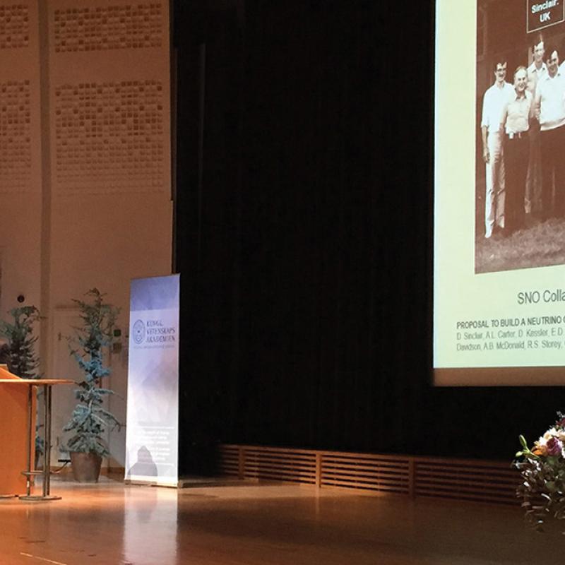 Dr. McDonald speaking at the Nobel lecture at Stockholm University