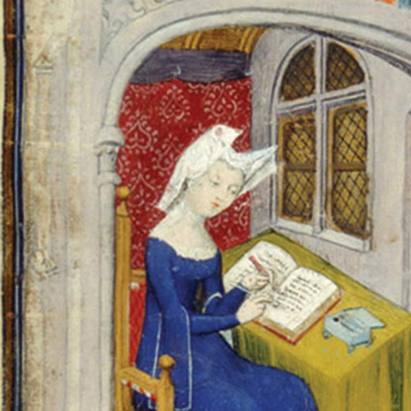 This image detail shows Christine de Pizan (1364 – 1430), one of Europe’s earliest female professional authors