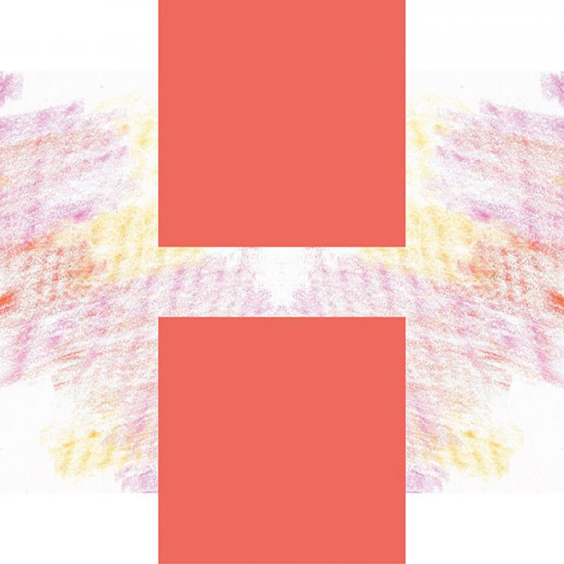 Illustration of two solid orange blocks backed by ethereal waves of red and yellow