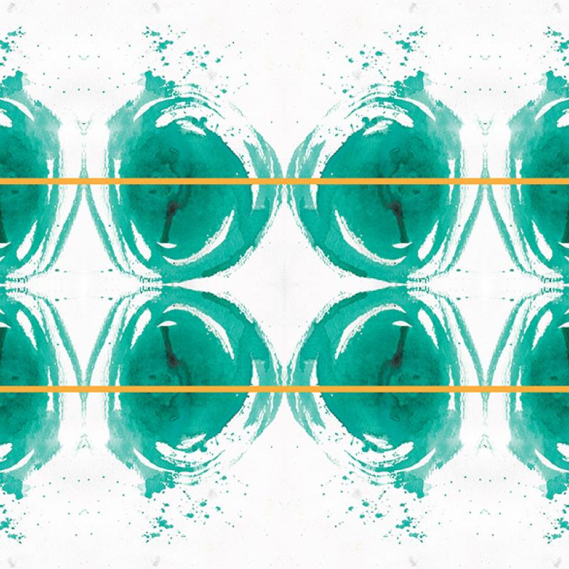 Illustration of eight swirls of green colour are cut through with two bars of gold