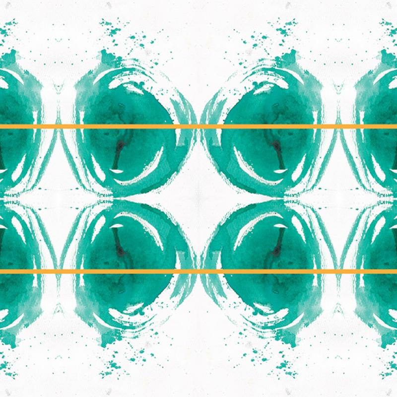 Illustration of eight swirls of green colour are cut through with two bars of gold