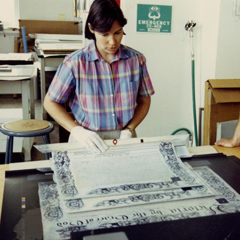 Margaret Bignell and Paul Banfiedld examine the charter in this 1991 photo.