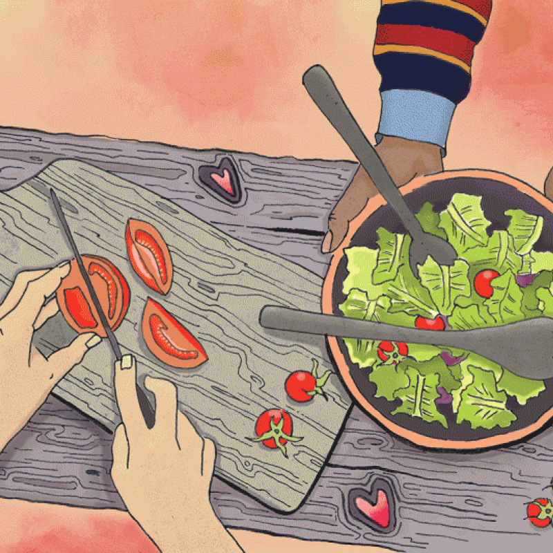 Illustration - hands preparing a salad together