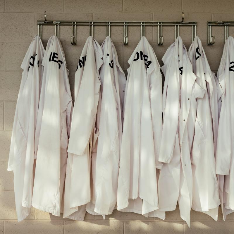 Lab coats hanging on hooks attached to a cement block wall